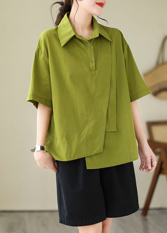 Green Patchwork Cotton Blouse Tops Peter Pan Collar Summer