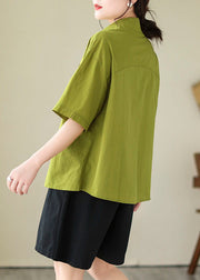 Green Patchwork Cotton Blouse Tops Peter Pan Collar Summer