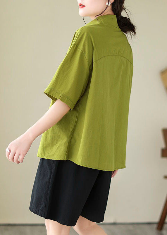 Green Patchwork Cotton Blouse Tops Peter Pan Collar Summer