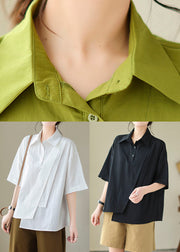 Green Patchwork Cotton Blouse Tops Peter Pan Collar Summer