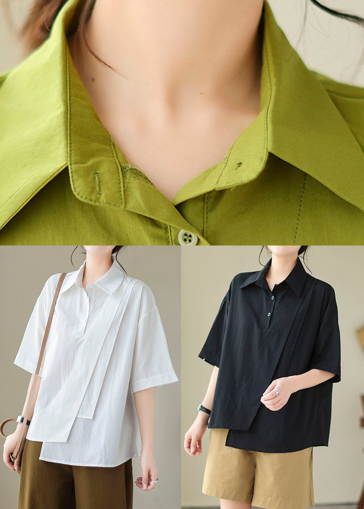 Green Patchwork Cotton Blouse Tops Peter Pan Collar Summer