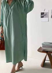 Green Patchwork Cotton Dress Wrinkled Stand Collar Long Sleeve