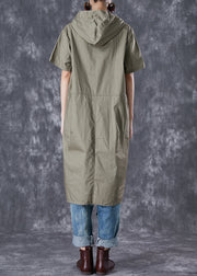 Green Patchwork Cotton Pullover Sweatshirt Dress Hooded Pockets Summer
