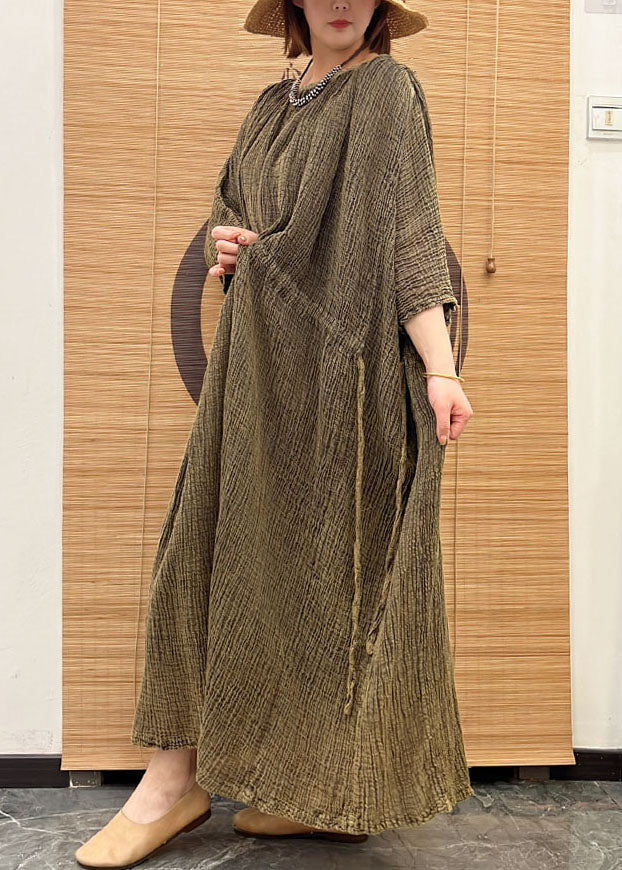 Green Patchwork Linen Ankle Dress O Neck Drawstring Wrinkled Half Sleeve
