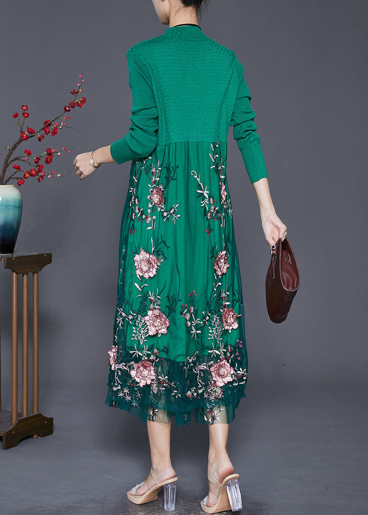 Green Patchwork Tulle Knit Dress Embroidered Fall