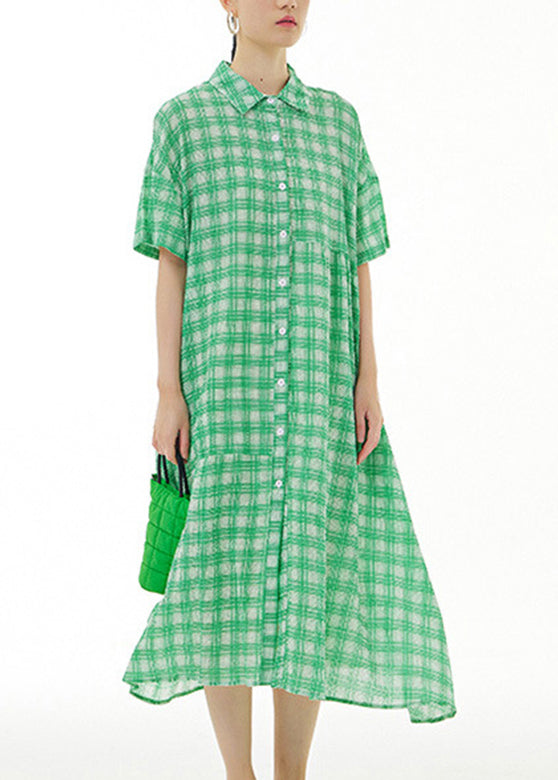 Green Peter Pan Collar Cotton Long Dresses Short Sleeve