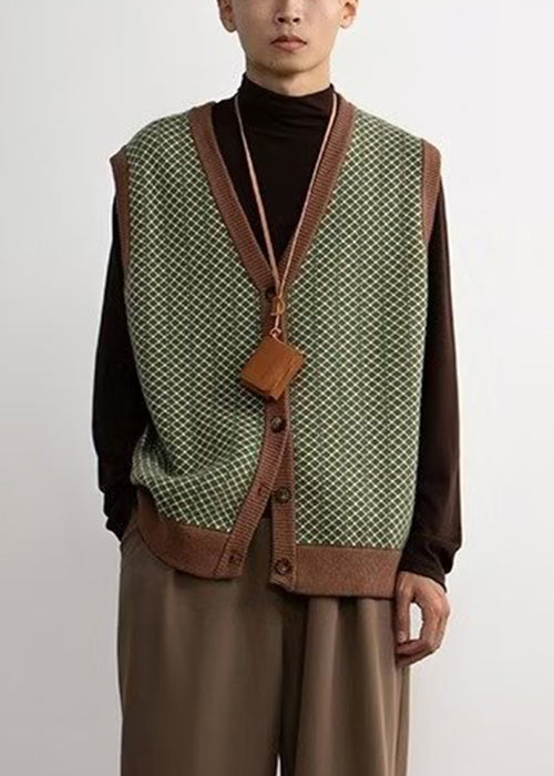 Green Plaid Button Knit Mens Pullover Waistcoat V Neck Sleeveless