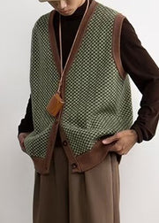 Green Plaid Button Knit Mens Pullover Waistcoat V Neck Sleeveless