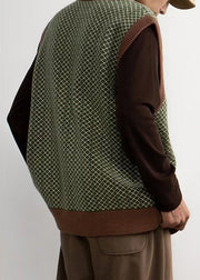 Green Plaid Button Knit Mens Pullover Waistcoat V Neck Sleeveless