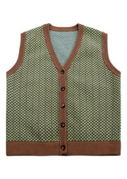 Green Plaid Button Knit Mens Pullover Waistcoat V Neck Sleeveless