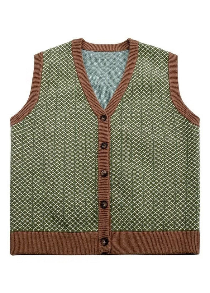 Green Plaid Button Knit Mens Pullover Waistcoat V Neck Sleeveless