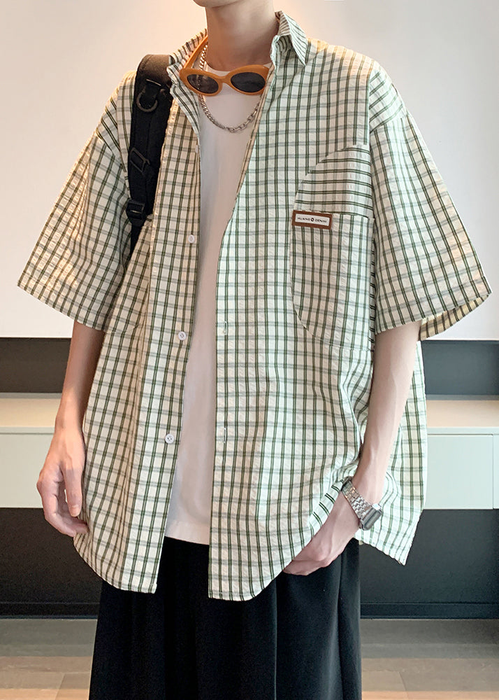 Green Plaid Cotton Shirt Men Peter Pan Collar Summer