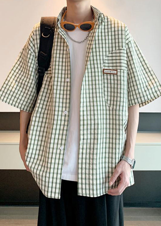 Green Plaid Cotton Shirt Men Peter Pan Collar Summer