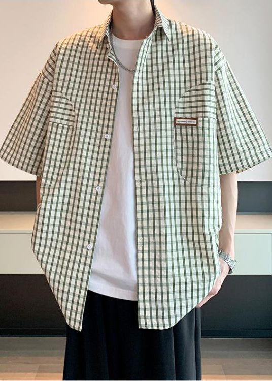 Green Plaid Cotton Shirt Men Peter Pan Collar Summer