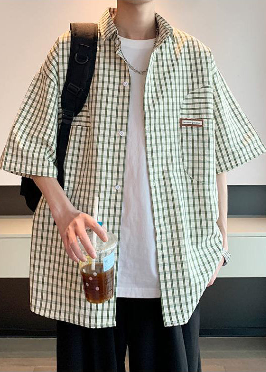 Green Plaid Cotton Shirt Men Peter Pan Collar Summer