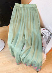 Green Pockets Elastic Waist Linen Summer Crop Pants Embroidered