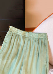 Green Pockets Elastic Waist Linen Summer Crop Pants Embroidered