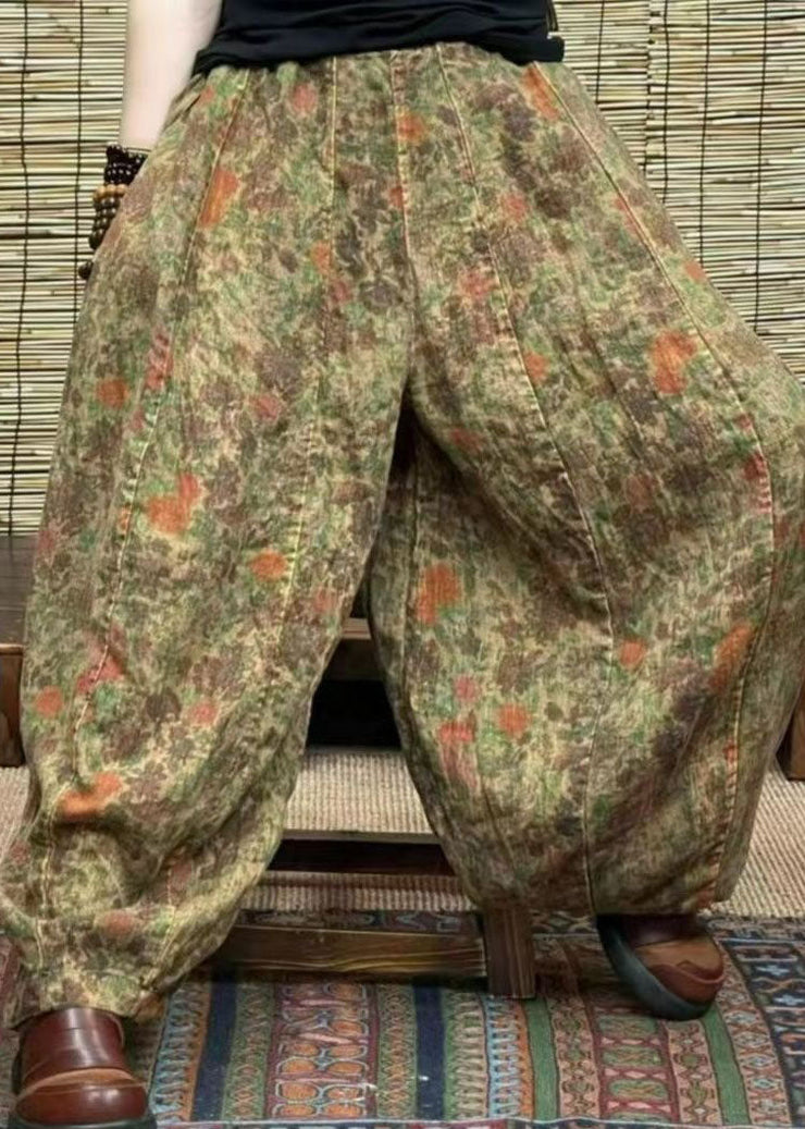 Green Pockets Patchwork cotton blend Lantern  Pants Elastic Waist Summer