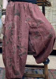 Green Pockets Patchwork cotton blend Lantern  Pants Elastic Waist Summer