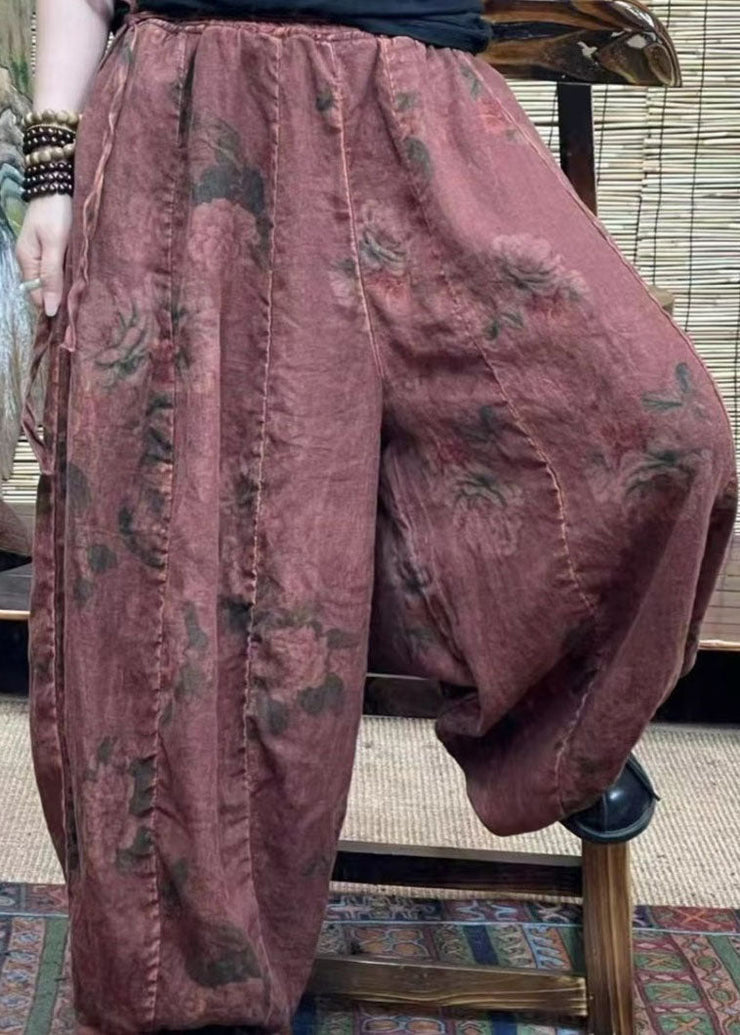 Green Pockets Patchwork cotton blend Lantern  Pants Elastic Waist Summer