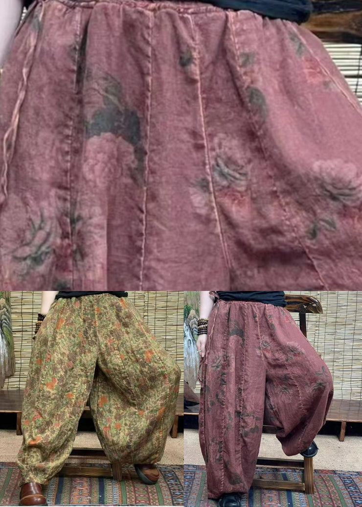 Green Pockets Patchwork cotton blend Lantern  Pants Elastic Waist Summer