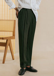 Green Pockets Solid Linen Mens Pants Casual Clothing Drawstring