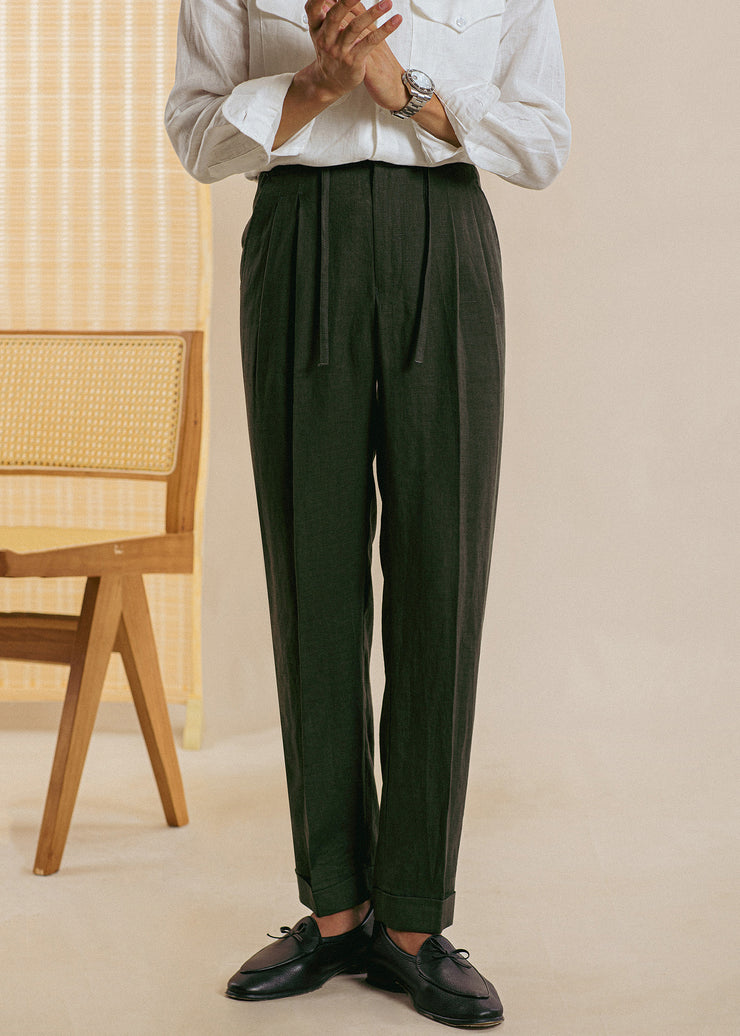 Green Pockets Solid Linen Mens Pants Casual Clothing Drawstring