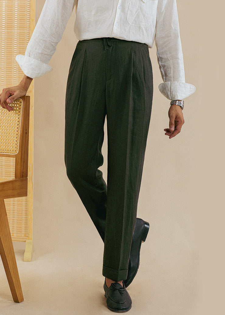 Green Pockets Solid Linen Mens Pants Casual Clothing Drawstring