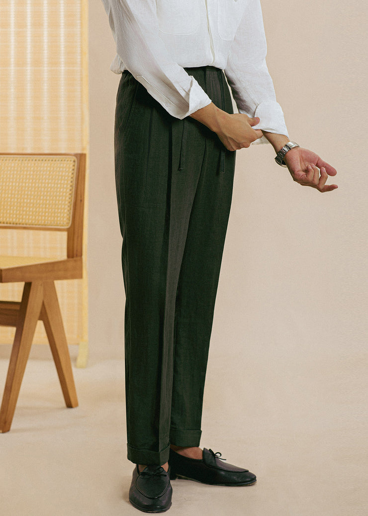 Green Pockets Solid Linen Mens Pants Casual Clothing Drawstring