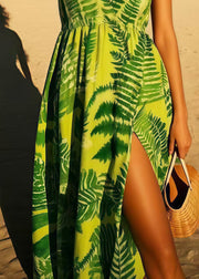 Green Print Cotton Cami Dresses Side Open Summer