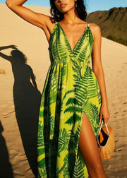 Green Print Cotton Cami Dresses Side Open Summer