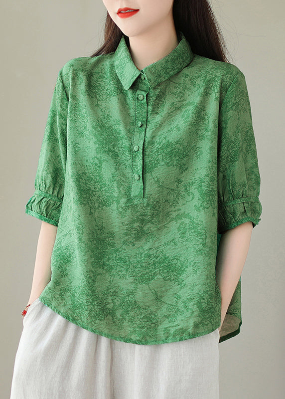 Green Print Cotton Shirts Peter Pan Collar Plus Size Summer