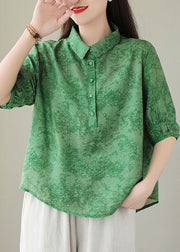 Green Print Cotton Shirts Peter Pan Collar Plus Size Summer