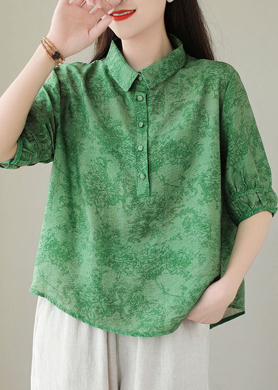 Green Print Cotton Shirts Peter Pan Collar Plus Size Summer