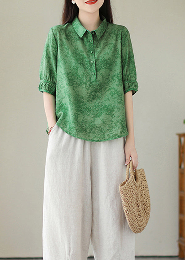 Green Print Cotton Shirts Peter Pan Collar Plus Size Summer