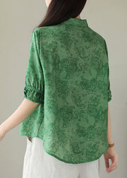 Green Print Cotton Shirts Peter Pan Collar Plus Size Summer