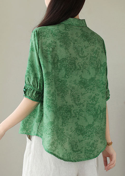 Green Print Cotton Shirts Peter Pan Collar Plus Size Summer