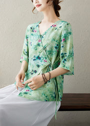 Green Print Lace Up Cotton Blouse Top V Neck Summer
