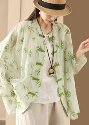 Green Print Linen Chinese Button Blouses Oversized Summer