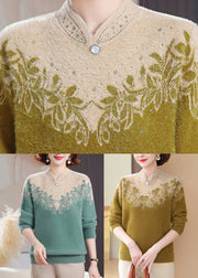 Green Print Nail Bead Mink Hair Knitted Sweaters Long Sleeve