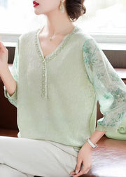 Green Print Patchwork Knit T Shirts V Neck Bracelet Sleeve