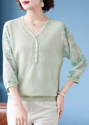 Green Print Patchwork Knit T Shirts V Neck Bracelet Sleeve