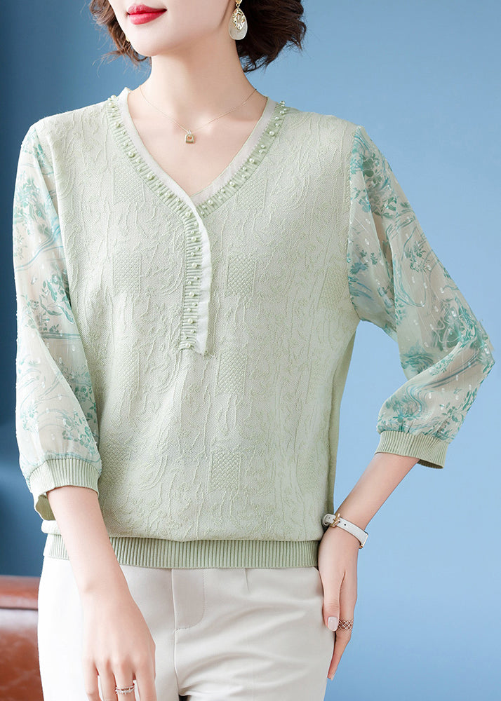 Green Print Patchwork Knit T Shirts V Neck Bracelet Sleeve