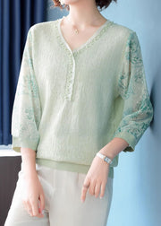 Green Print Patchwork Knit T Shirts V Neck Bracelet Sleeve