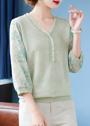 Green Print Patchwork Knit T Shirts V Neck Bracelet Sleeve