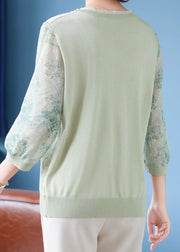 Green Print Patchwork Knit T Shirts V Neck Bracelet Sleeve