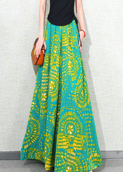 Green Print Pockets Chiffon Summer Wide Leg Pants