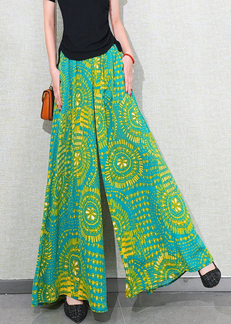 Green Print Pockets Chiffon Summer Wide Leg Pants