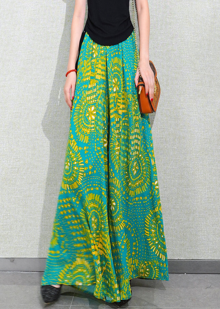 Green Print Pockets Chiffon Summer Wide Leg Pants
