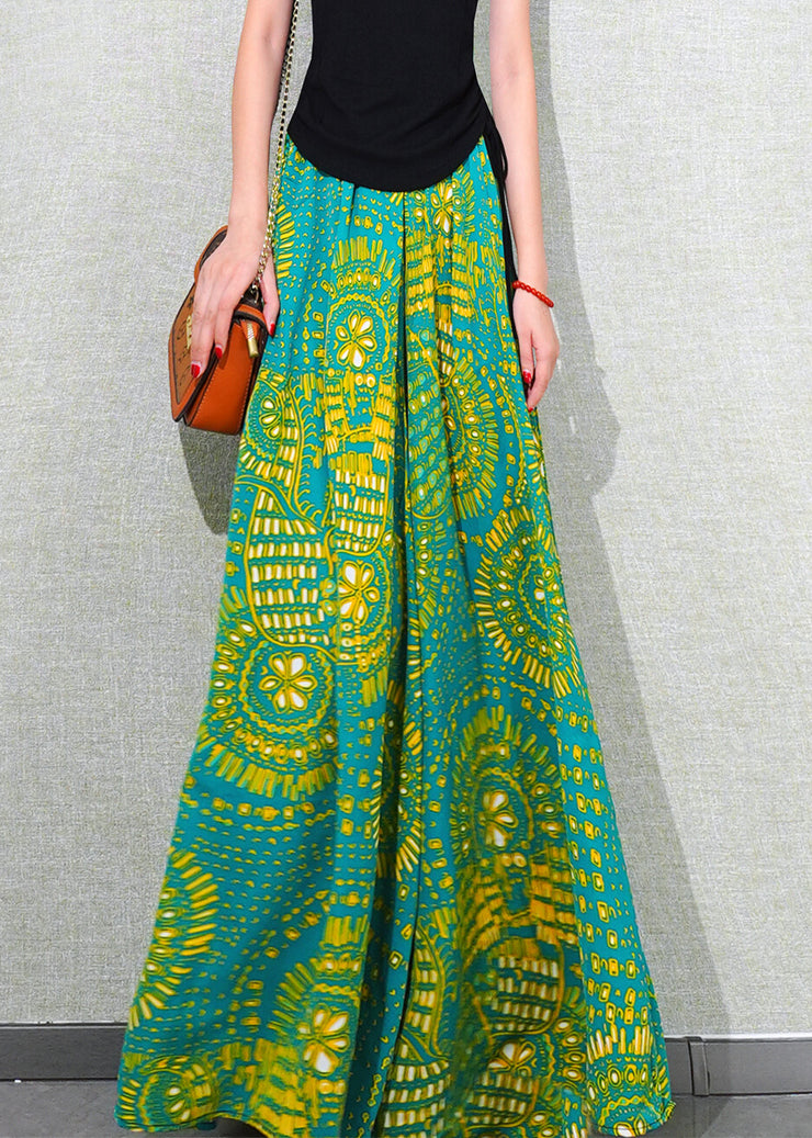 Green Print Pockets Chiffon Summer Wide Leg Pants